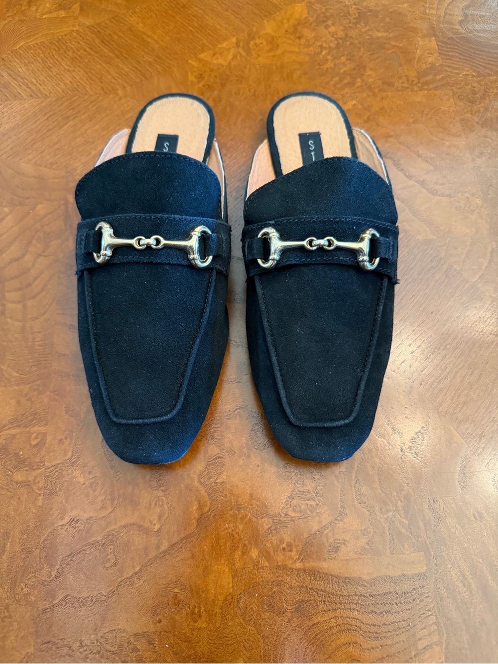 Steve Madden Black Suede Backless Loafer Mule with Gold Bit